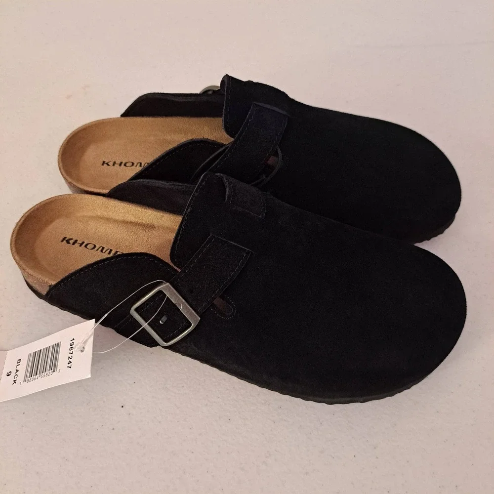 Khombu Damian Mule Mens 9 Black New Suede Cork Insole Buckle Clog 1253-462